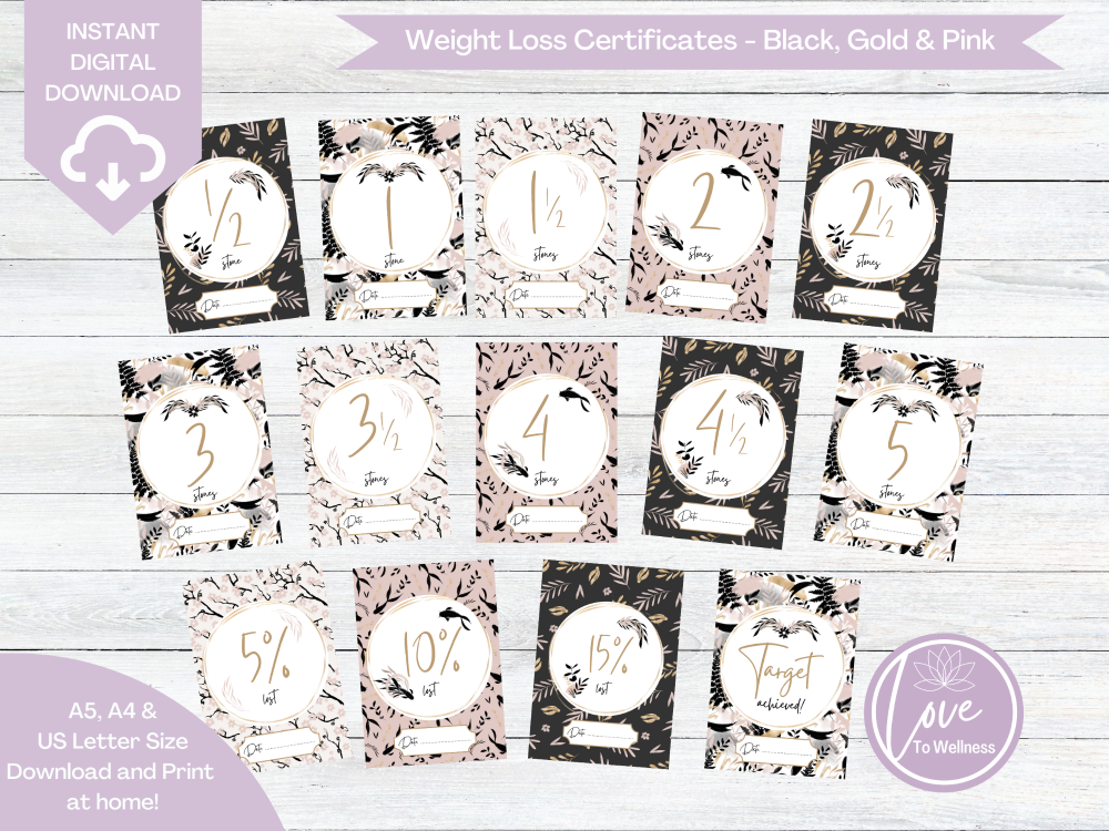 Weight Loss Certificate 0.5 to 5 stones - Black, Gold & Pink Collection - D