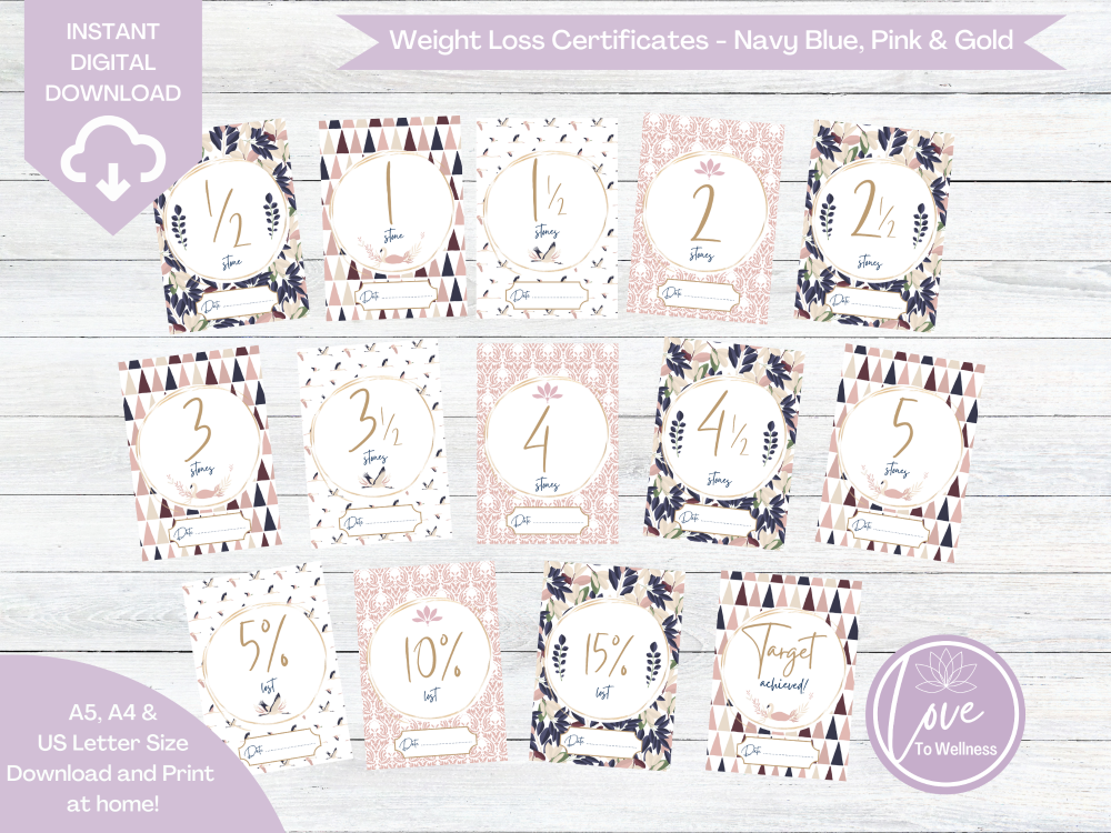 Weight Loss Certificate 0.5 to 5 stones - Navy Blue, Pink & Gold Collection