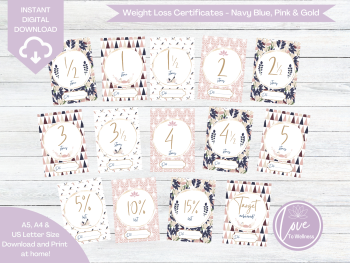 Weight Loss Certificate 0.5 to 5 stones - Navy Blue, Pink & Gold Collection - DIGITAL DOWNLOAD