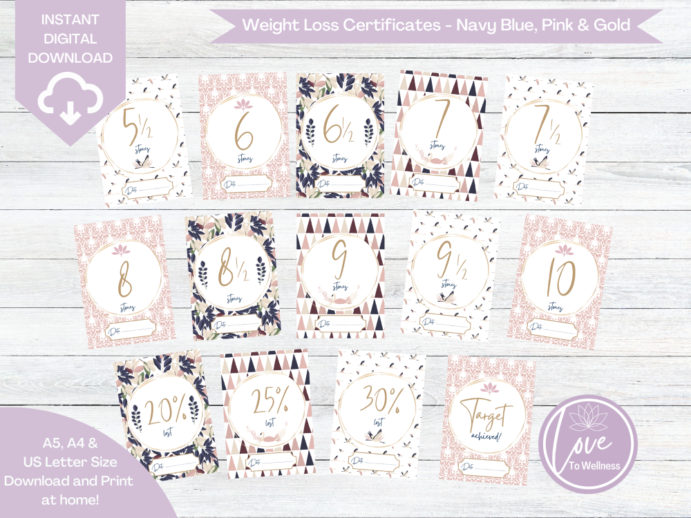 Weight Loss Certificate 5.5 to 10 stones - Navy Blue, Pink & Gold Collectio