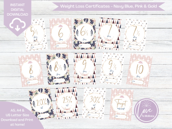 Weight Loss Certificate 5.5 to 10 stones - Navy Blue, Pink & Gold Collection - DIGITAL DOWNLOAD