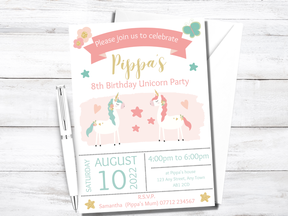 Unicorn Party Birthday Invitations - PRINTED
