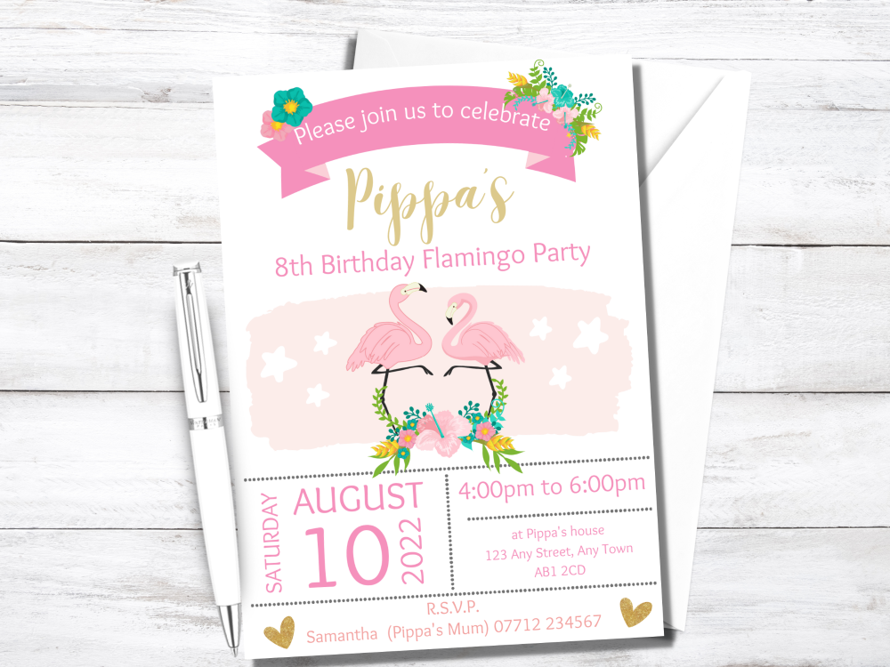Pink Flamingo Party Birthday Invitations - PRINTED
