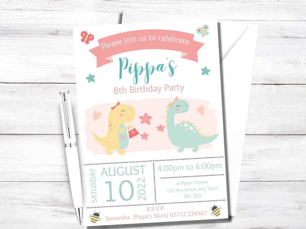 Dinosaurs Girls Personalised Birthday Party Invitations from £4.45