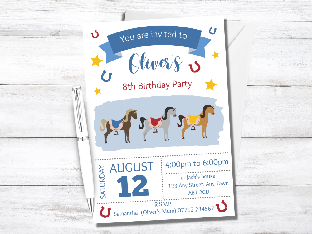 Horse Riding Party Birthday Invitations Blue - PRINTED