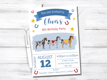 Horse Riding Party Personalised Birthday Invitations Blue from £4.45