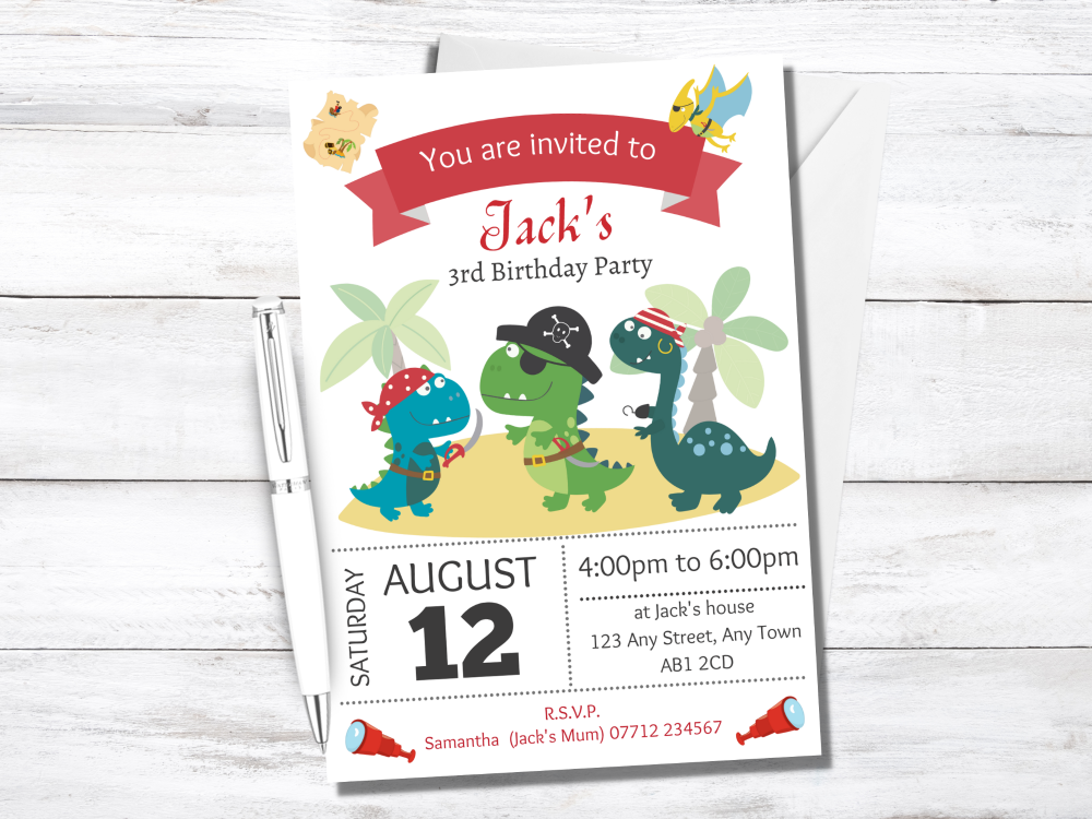 Dinosaur Pirates Birthday Invitations - PRINTED