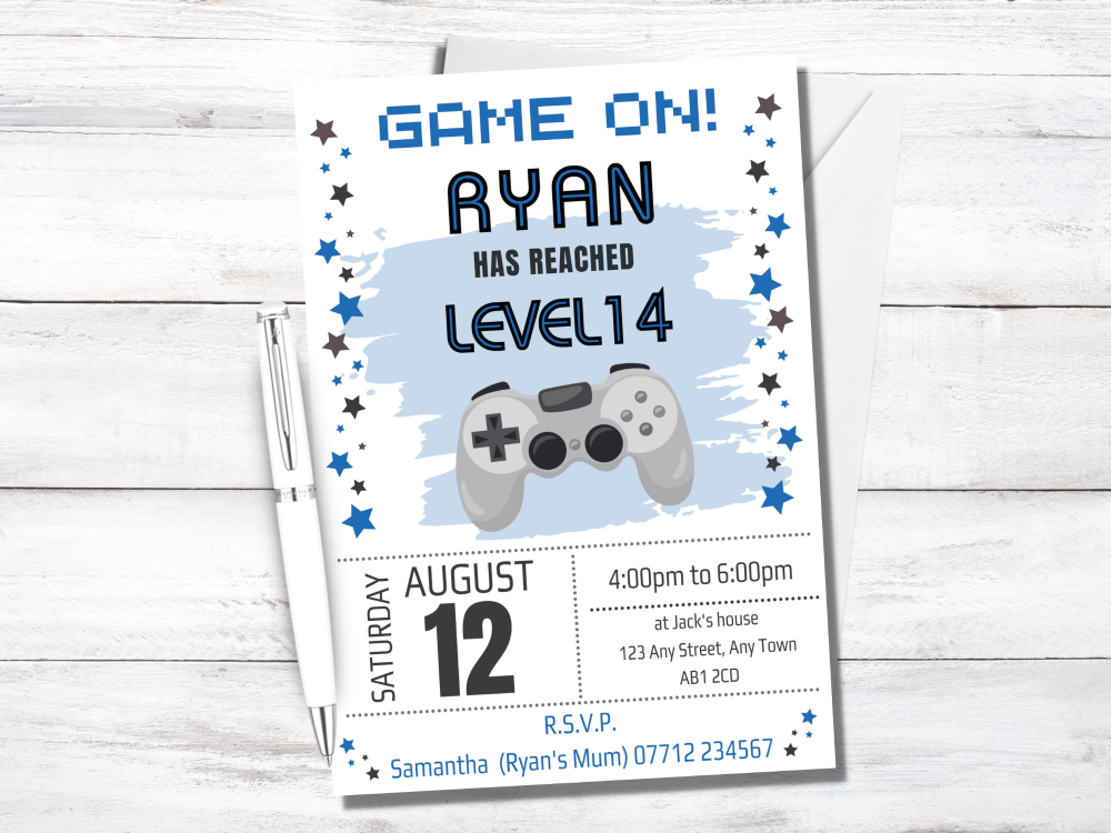 Video Game Personalised Birthday Invitations Blue from £4.45
