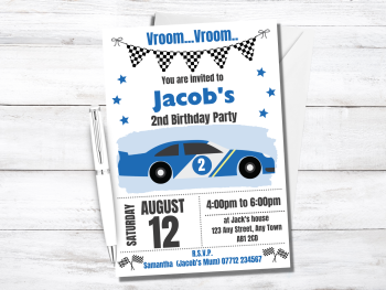 Racing Car Personalised Birthday Invitations Blue from £4.45
