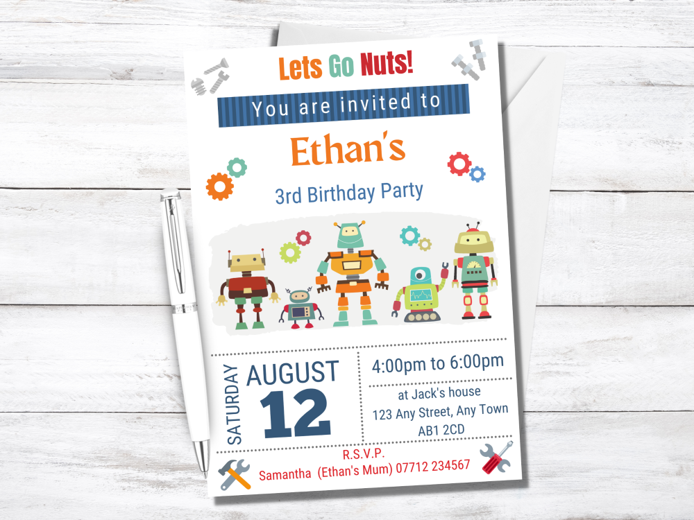 Robots Birthday Invitations - PRINTED