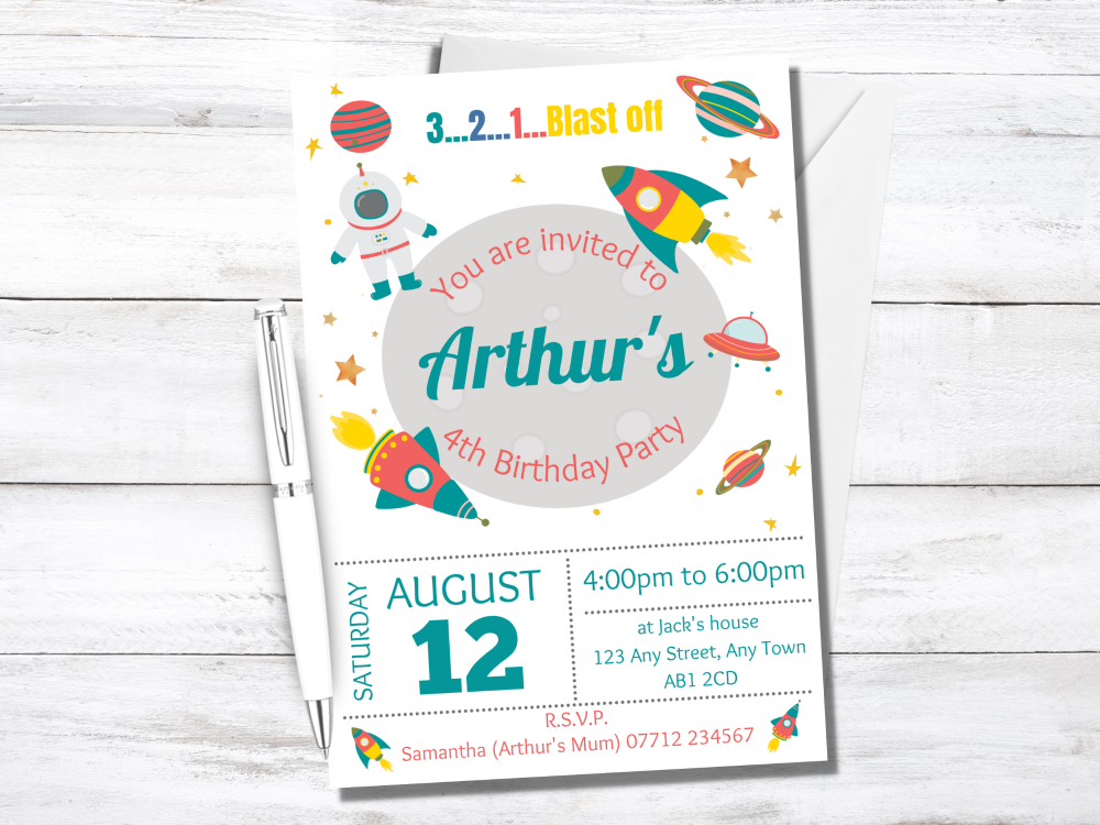 Space Rocket Ship Personalised Birthday Invitations from £4.45