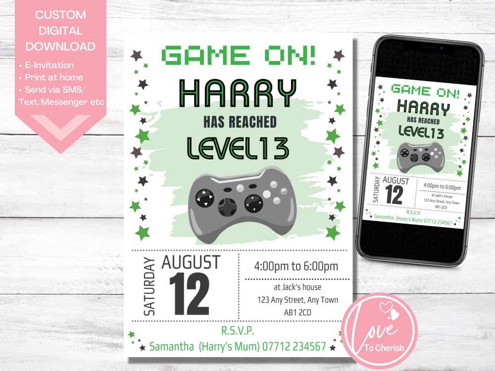 Video Game Birthday Invitations Green - DIGITAL DOWNLOAD