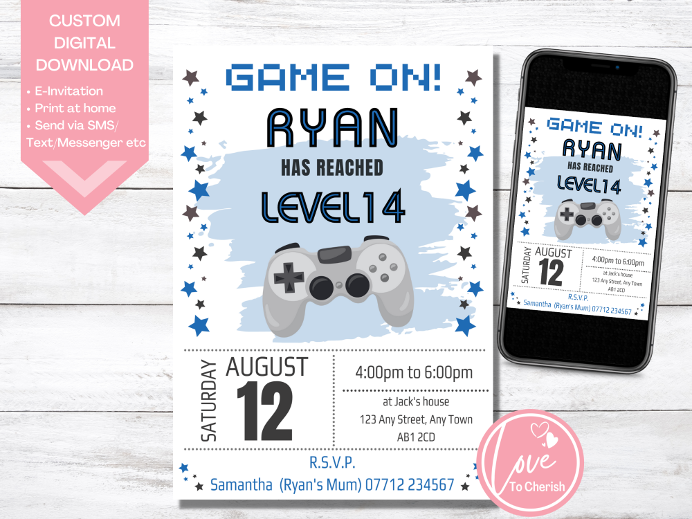 Video Game Birthday Invitations Blue - DIGITAL DOWNLOAD