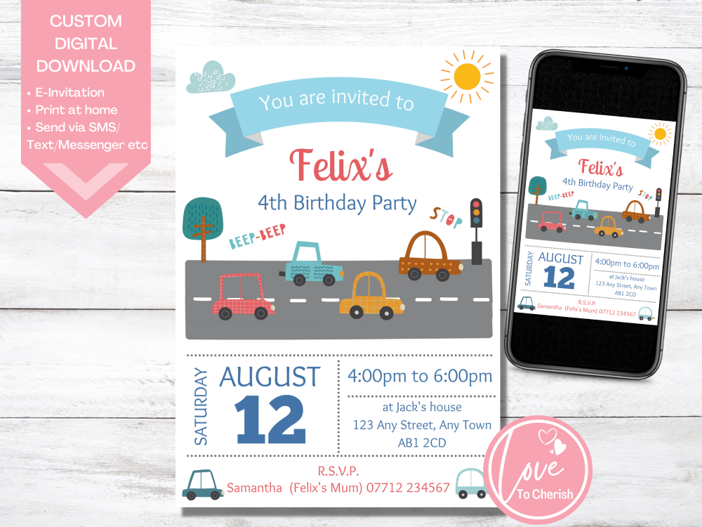 Traffic Cars Birthday Invitations - DIGITAL DOWNLOAD