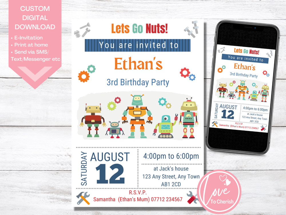 Robots Birthday Invitations - DIGITAL DOWNLOAD