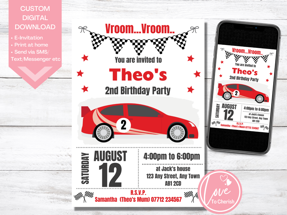 Racing Car Birthday Invitations Red - DIGITAL DOWNLOAD