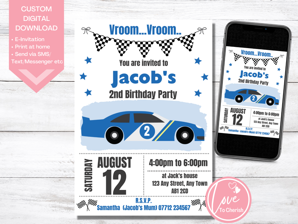 Racing Car Birthday Invitations Blue - DIGITAL DOWNLOAD