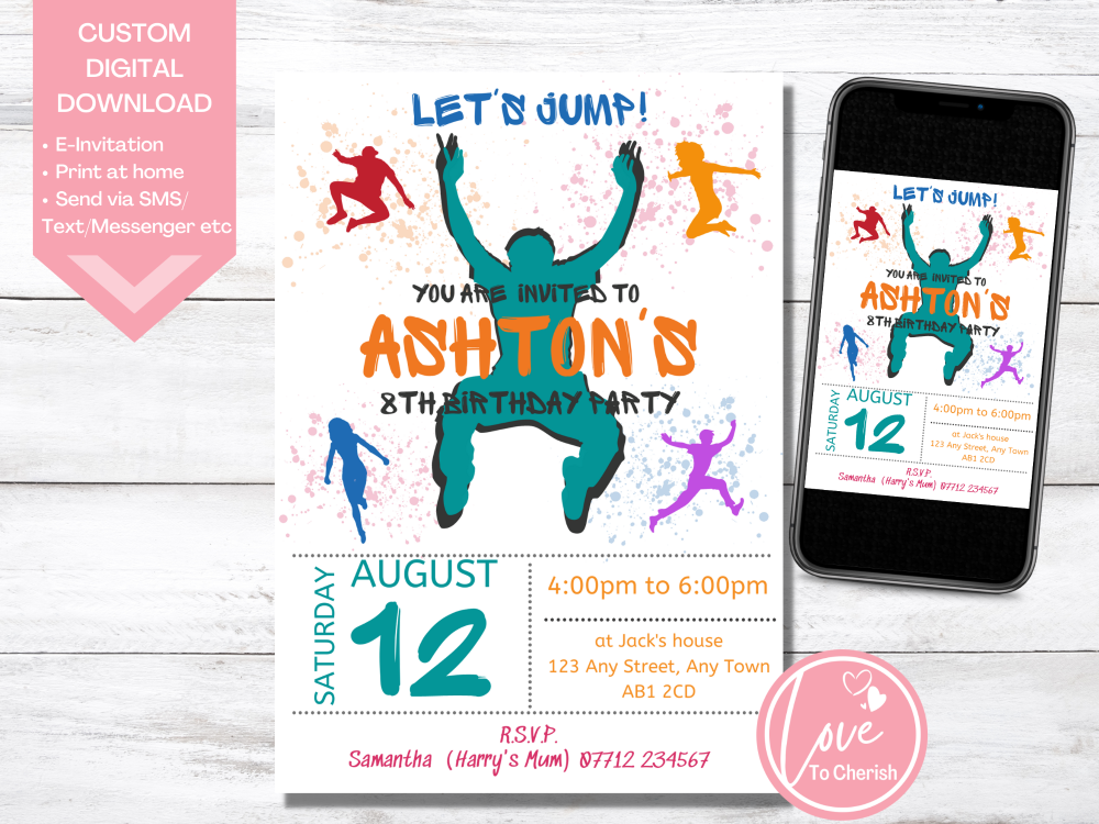 Jump / Trampoline  Birthday Invitations - DIGITAL DOWNLOAD