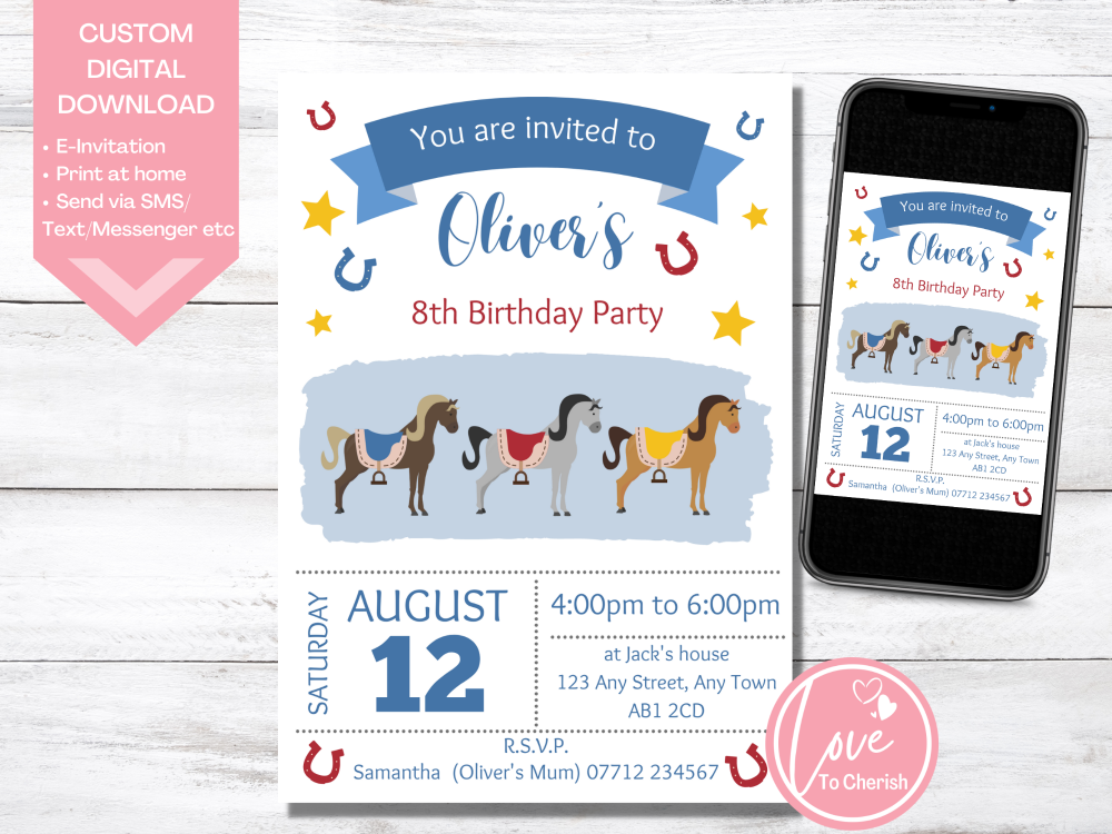 Horse Riding Party Birthday Invitations Blue - DIGITAL DOWNLOAD