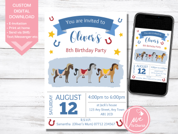 Horse Riding Party Personalised Birthday Invitations Blue - DIGITAL DOWNLOAD