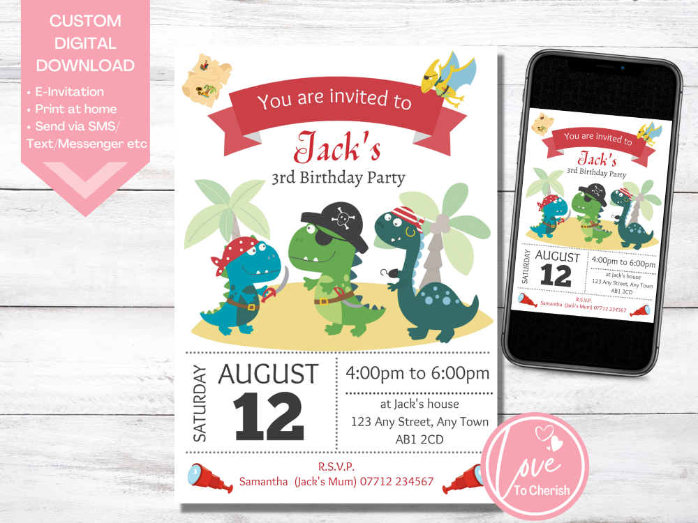 Dinosaur Pirates Birthday Invitations - DIGITAL DOWNLOAD