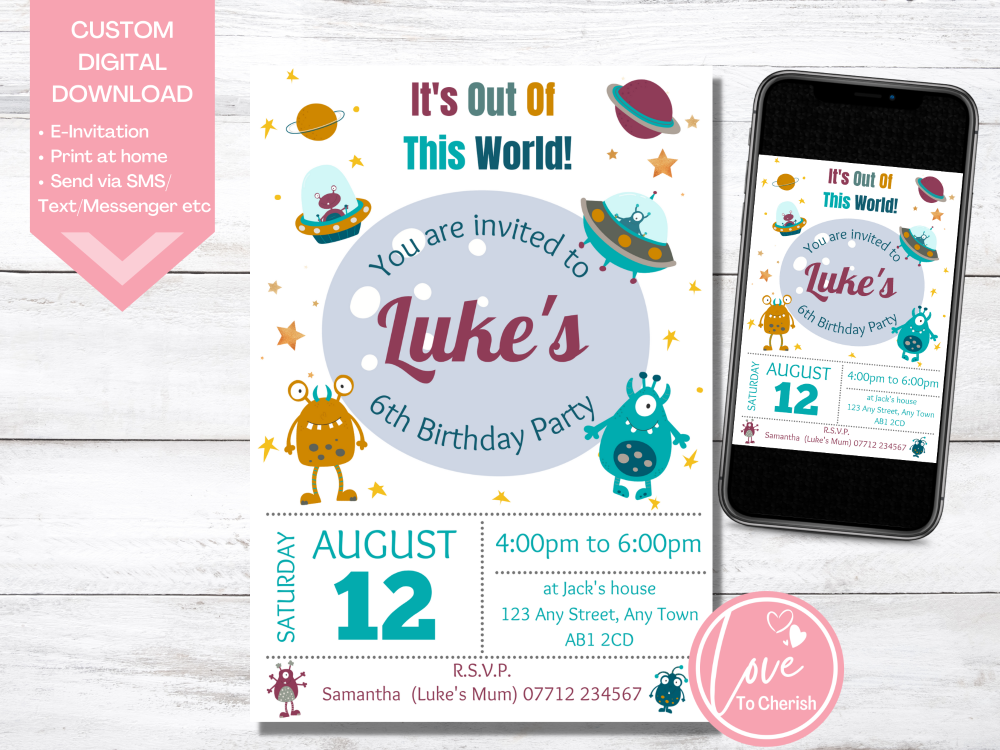 Aliens in Space Birthday Invitations - DIGITAL DOWNLOAD