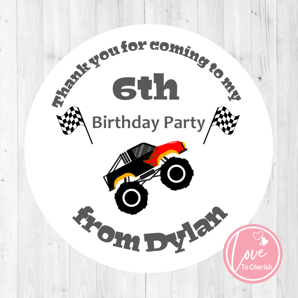 Monster Truck Boy's Personalised Birthday Party Stickers