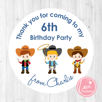 Cowboy Friends Boy's Personalised Birthday Party Stickers