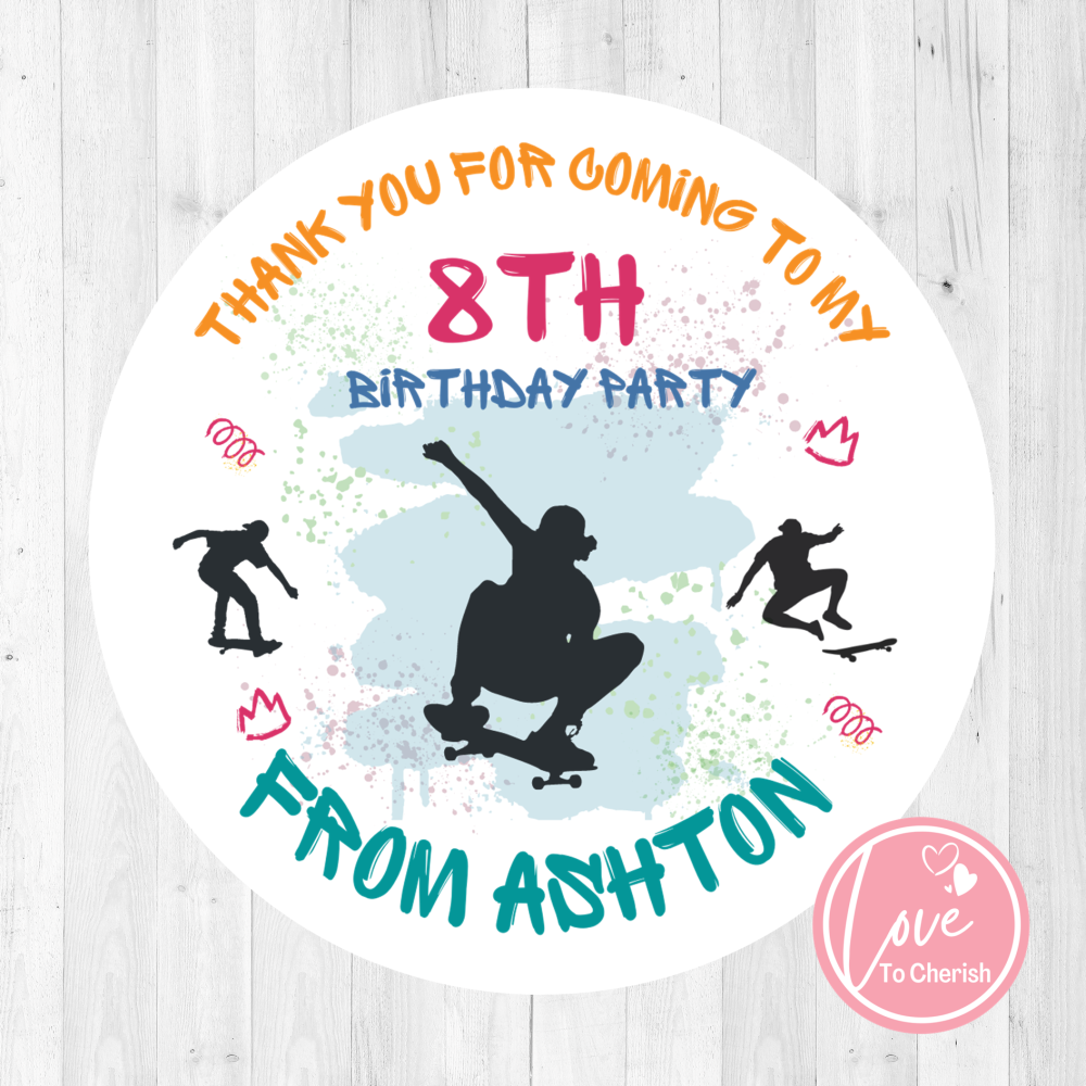 Skateboard Boy's Personalised Birthday Party Stickers
