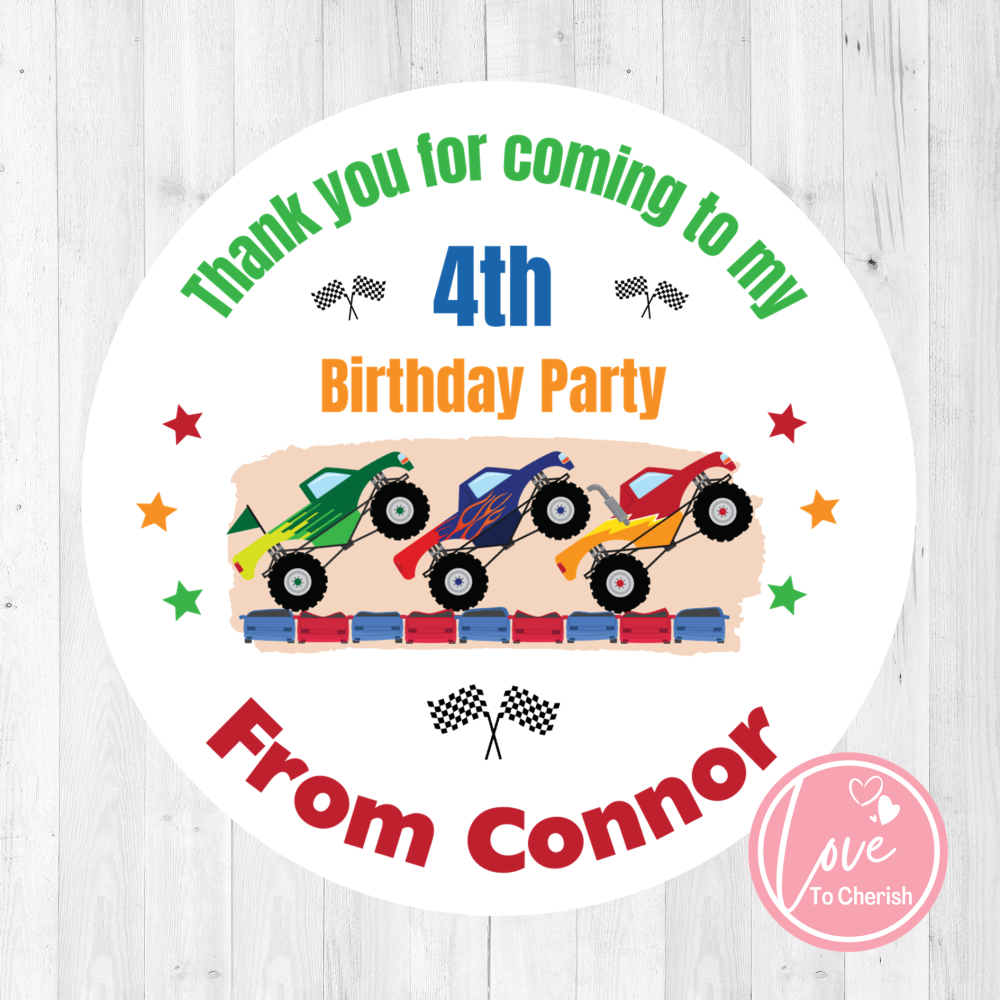 Monster Trucks Boy's Personalised Birthday Party Stickers