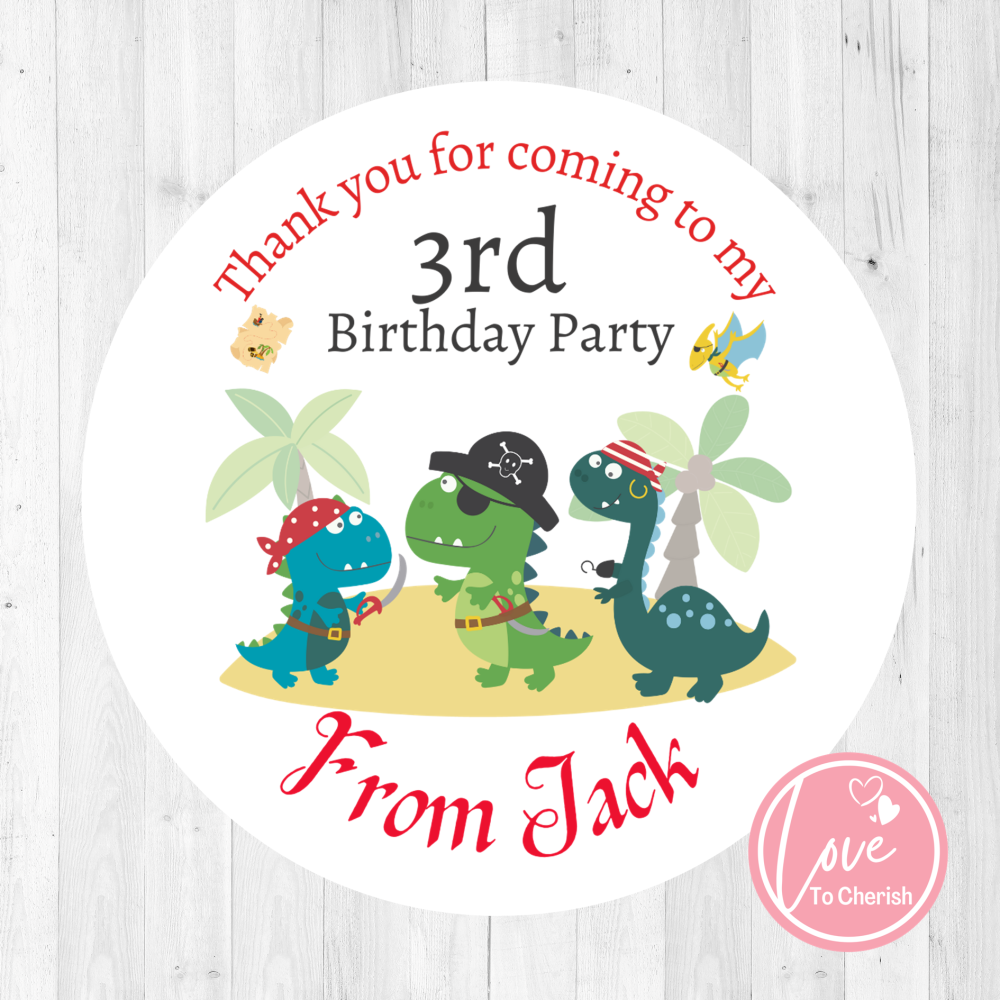 Dinosaur Pirates Personalised Birthday Party Stickers
