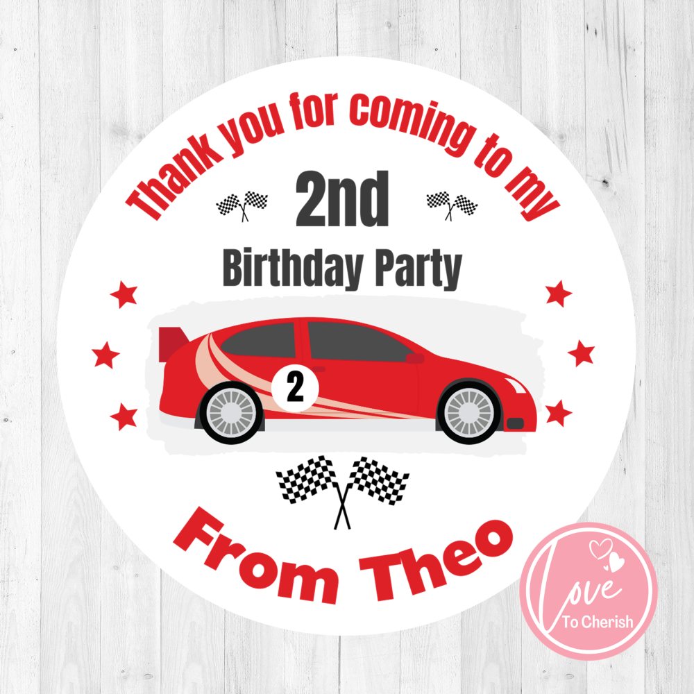 Red Racing Car Boy's Personalised Birthday Party Stickers