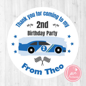 Blue Racing Car Boy's Personalised Birthday Party Stickers