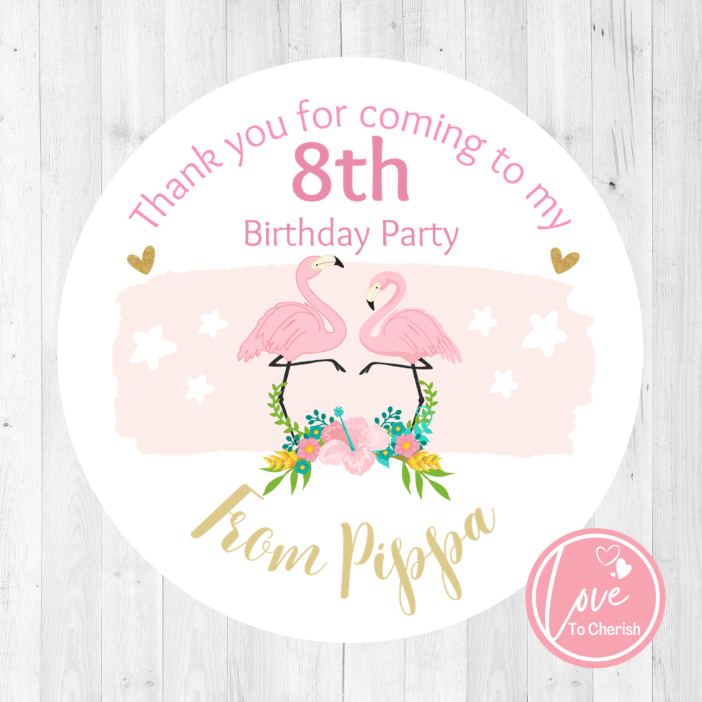 Pink Flamingo Personalised Birthday Party Stickers