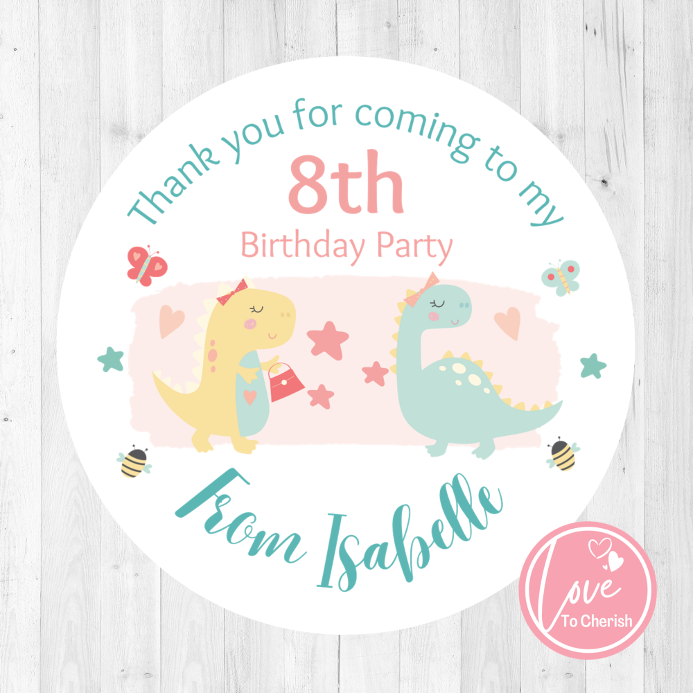 Dinosaur Girls Personalised Birthday Party Stickers