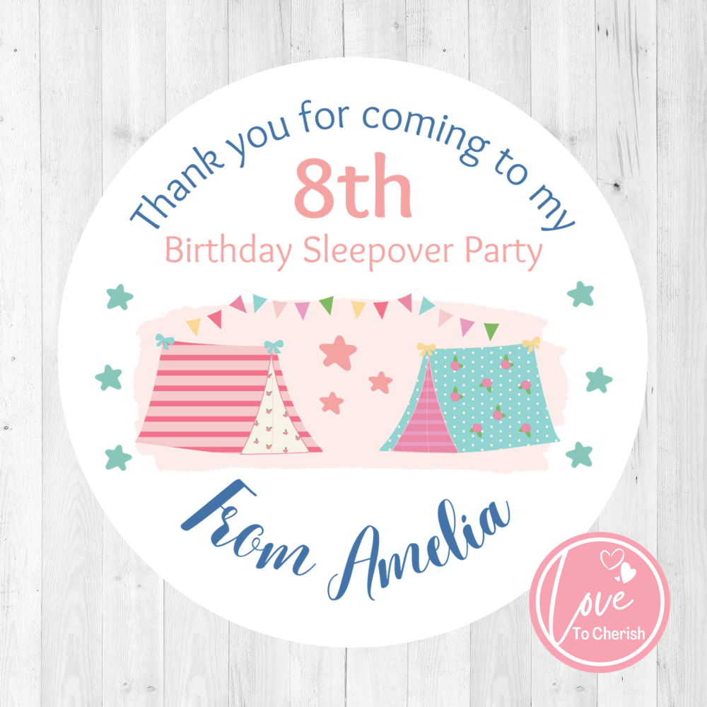Sleepover Teepees/Tents Personalised Girl's Birthday Party Stickers