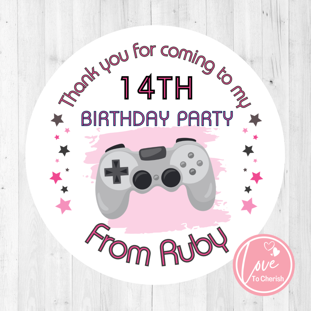 Pink Video Game Personalised Girl's Gaming Birthday Party Stickers