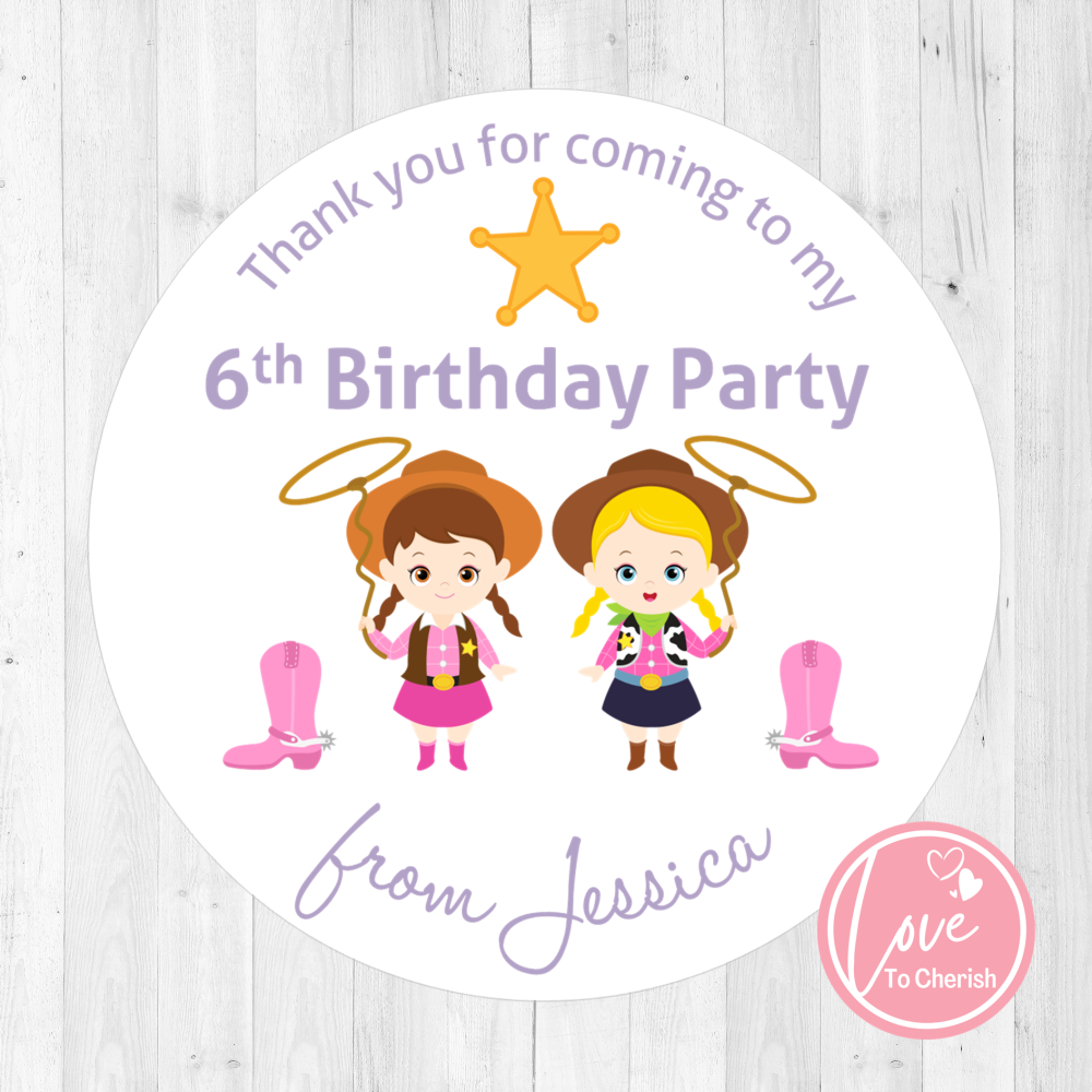 Cowgirl Friends Personalised Birthday Party Stickers