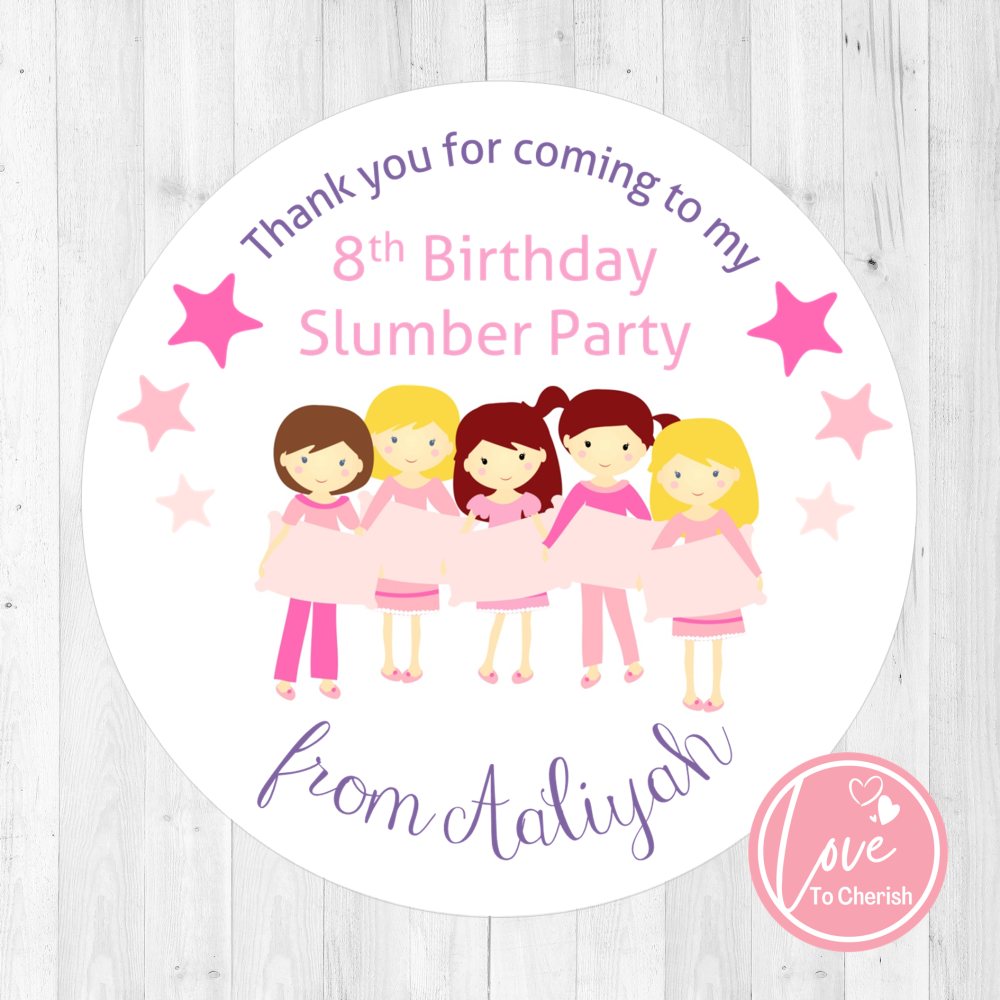 Girl's Slumber / Sleepover Friends Personalised Birthday Party Stickers