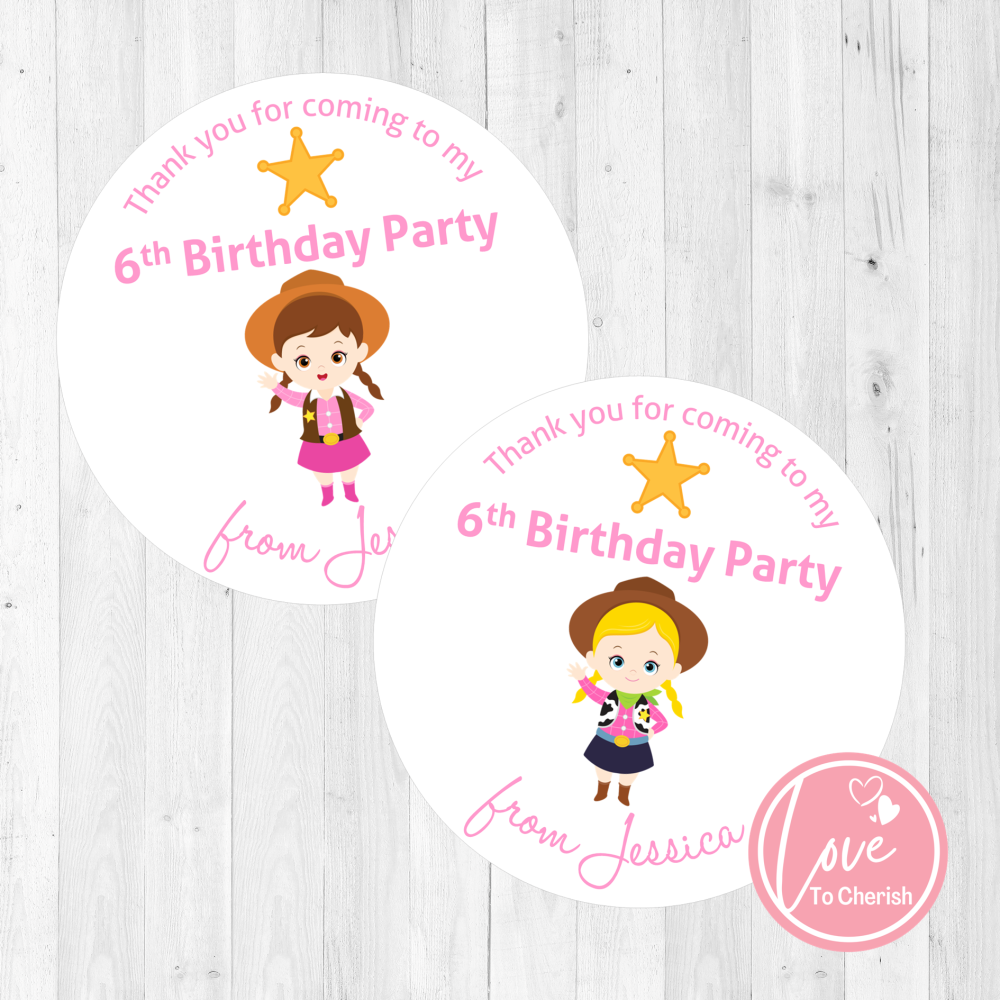 Cowgirl Sheriffs Personalised Birthday Party Stickers