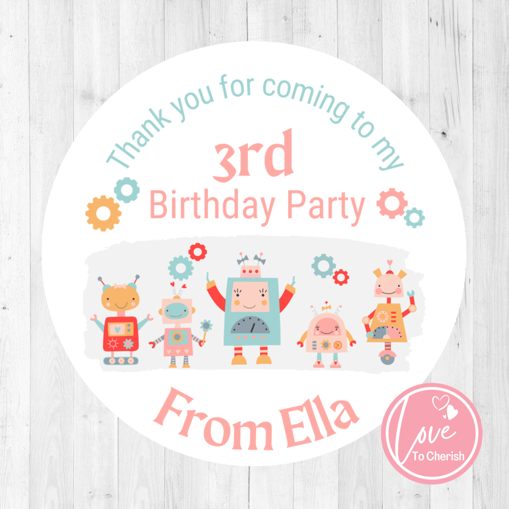 Robots Game Personalised Girl's Robot Birthday Party Stickers
