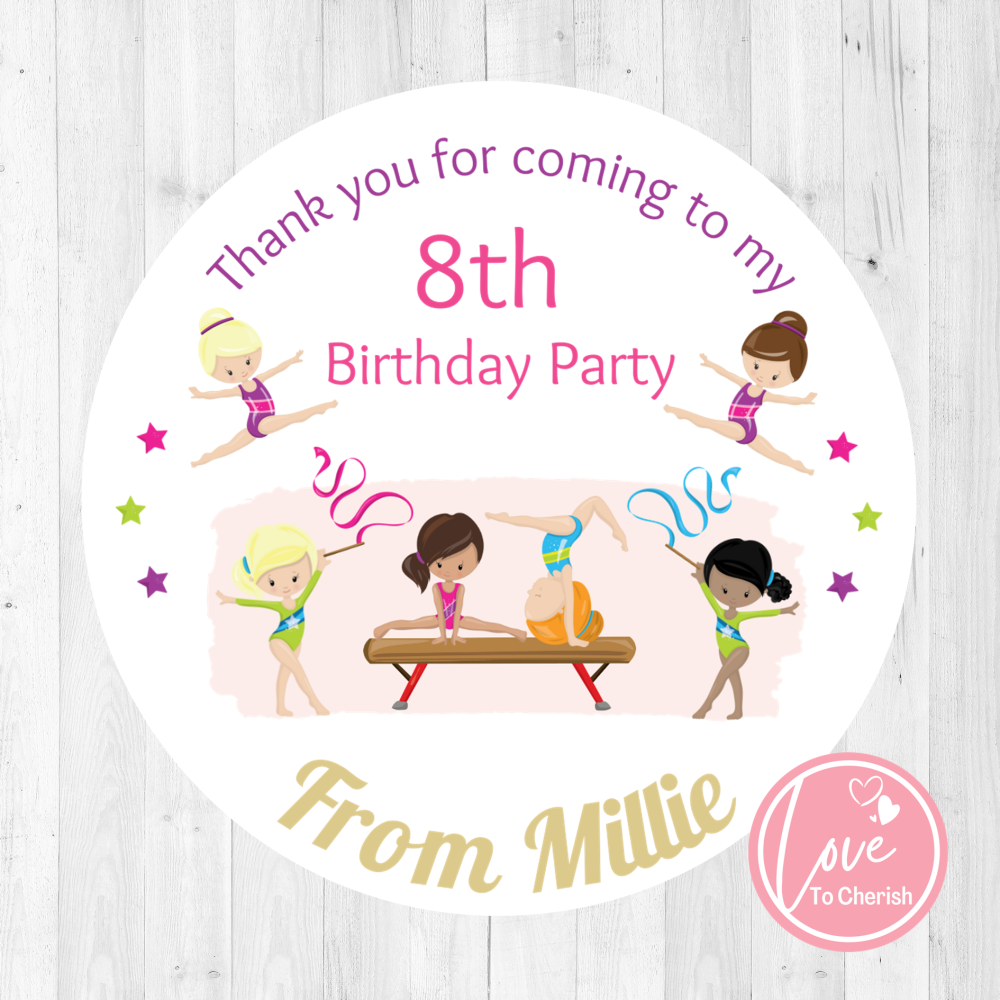 Gymnastics Personalised Girl's Gym Birthday Party Stickers