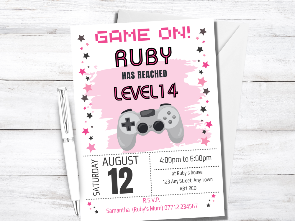 Pink Video Game Girls Personalised Birthday Party Invitations - PRINTED