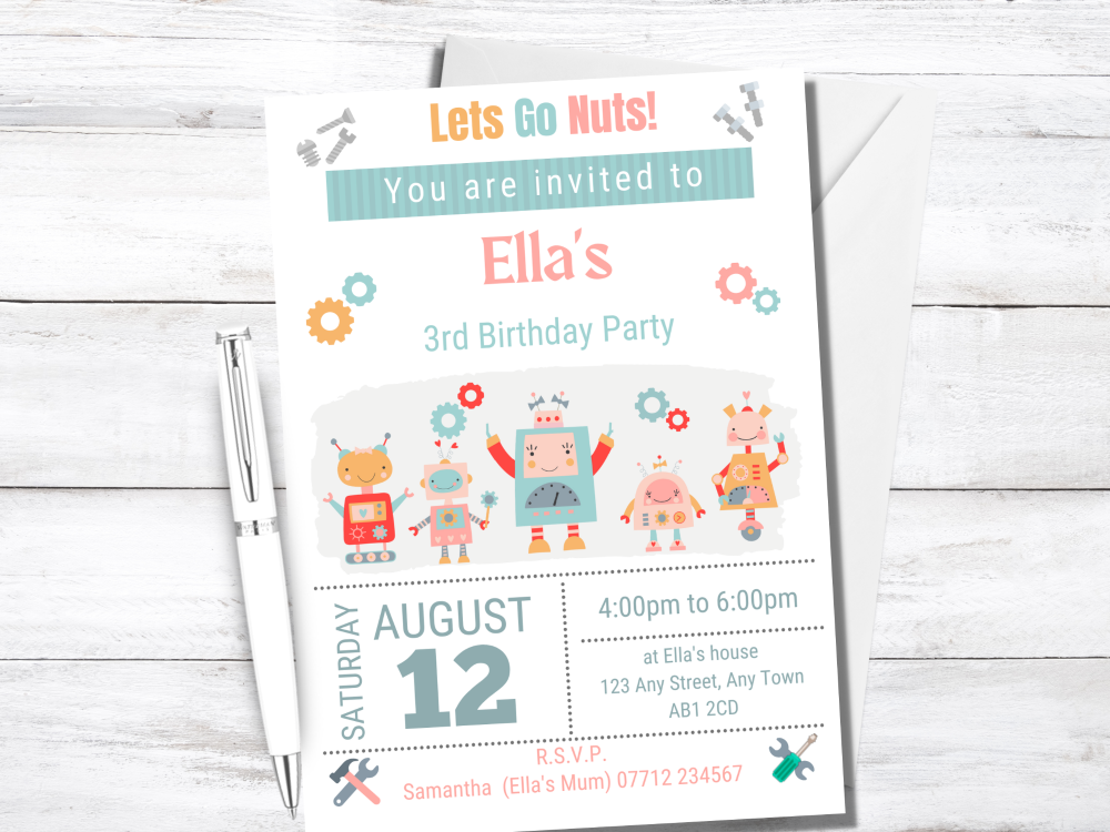 Robot Girls Personalised Birthday Party Invitations - PRINTED