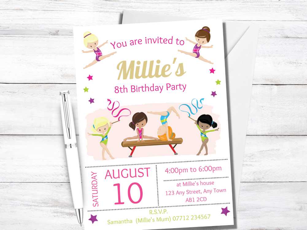 Gymnastics Personalised Birthday Party Invitations - PRINTED