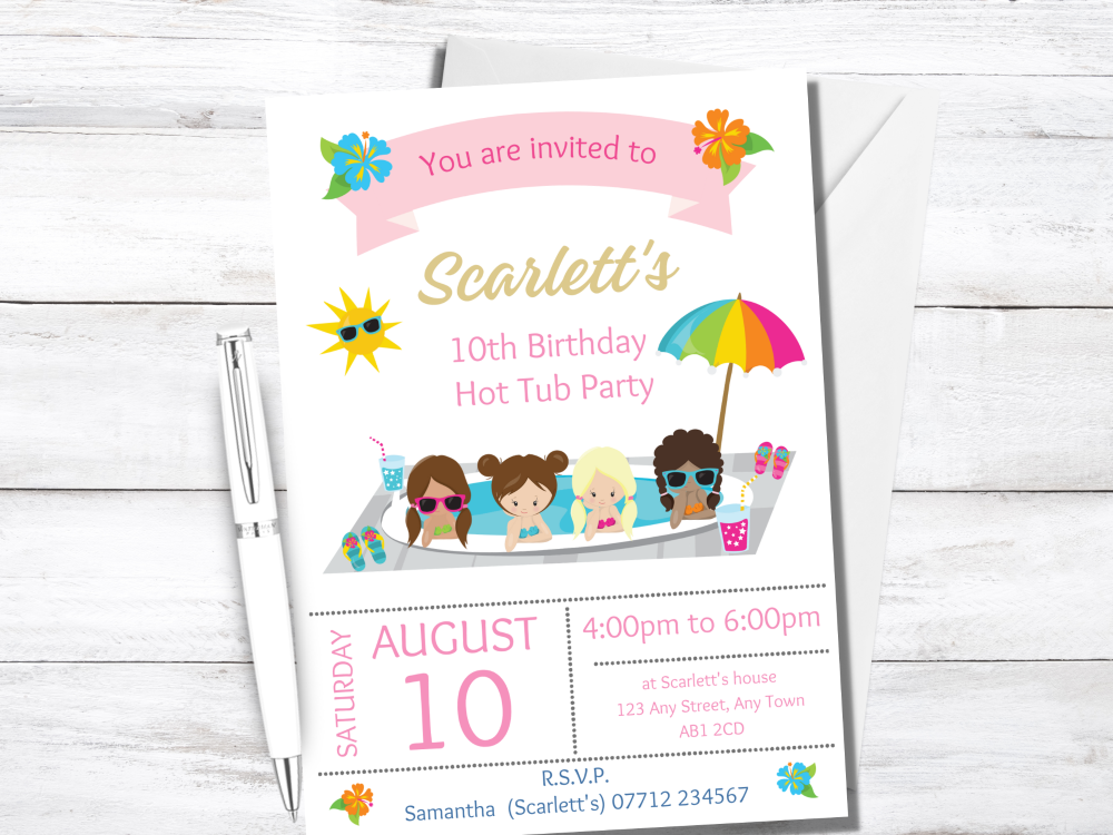 Hot Tub Personalised Birthday Pool Party Invitations - PRINTED