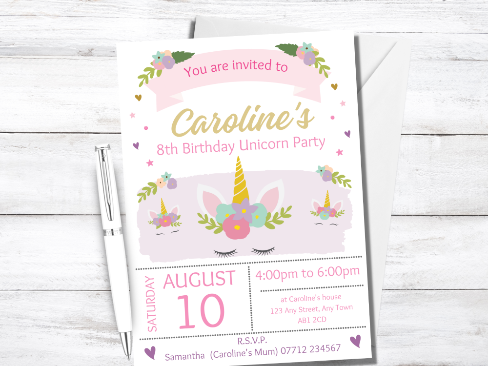 Unicorns Personalised Girl's Birthday Party Invitations - PRINTED