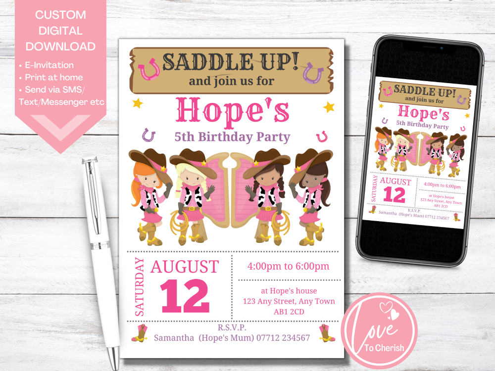 Cowgirls Wild West Personalised Birthday Party Invitations - DIGITAL DOWNLO