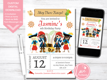 Pirate Girls Personalised Birthday Party Invitations - DIGITAL DOWNLOAD
