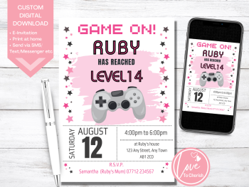 Pink Video Game Personalised Birthday Party Invitations - DIGITAL DOWNLOAD
